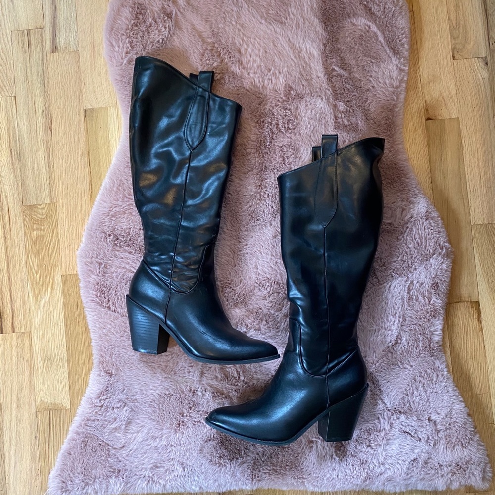 Faux black leather heeled boots